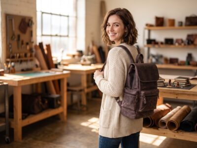 Brown leather drawstring rucksack with buckled flap and two front pockets, displayed on a wooden shelf beside leather totes and satchels, styled for everyday carry or travel.